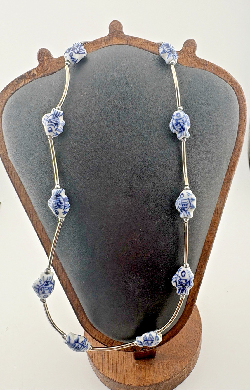 Vintage Porcelain Fish Beads and Sterling Silver Necklace 18" 13.74g